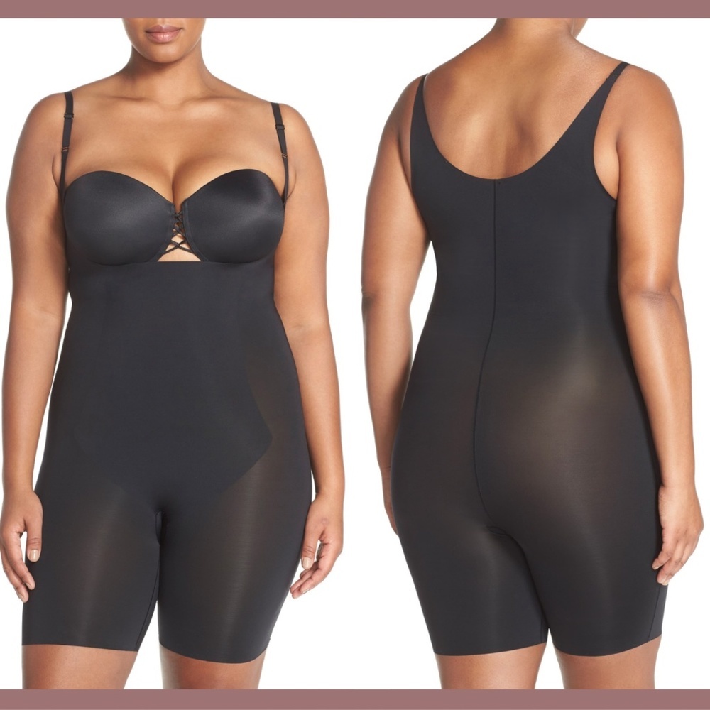 $92 Spanx Thinstincts Open Bust Mid Thigh Bodysuit‎ Black [PLUS SZ 1X ]